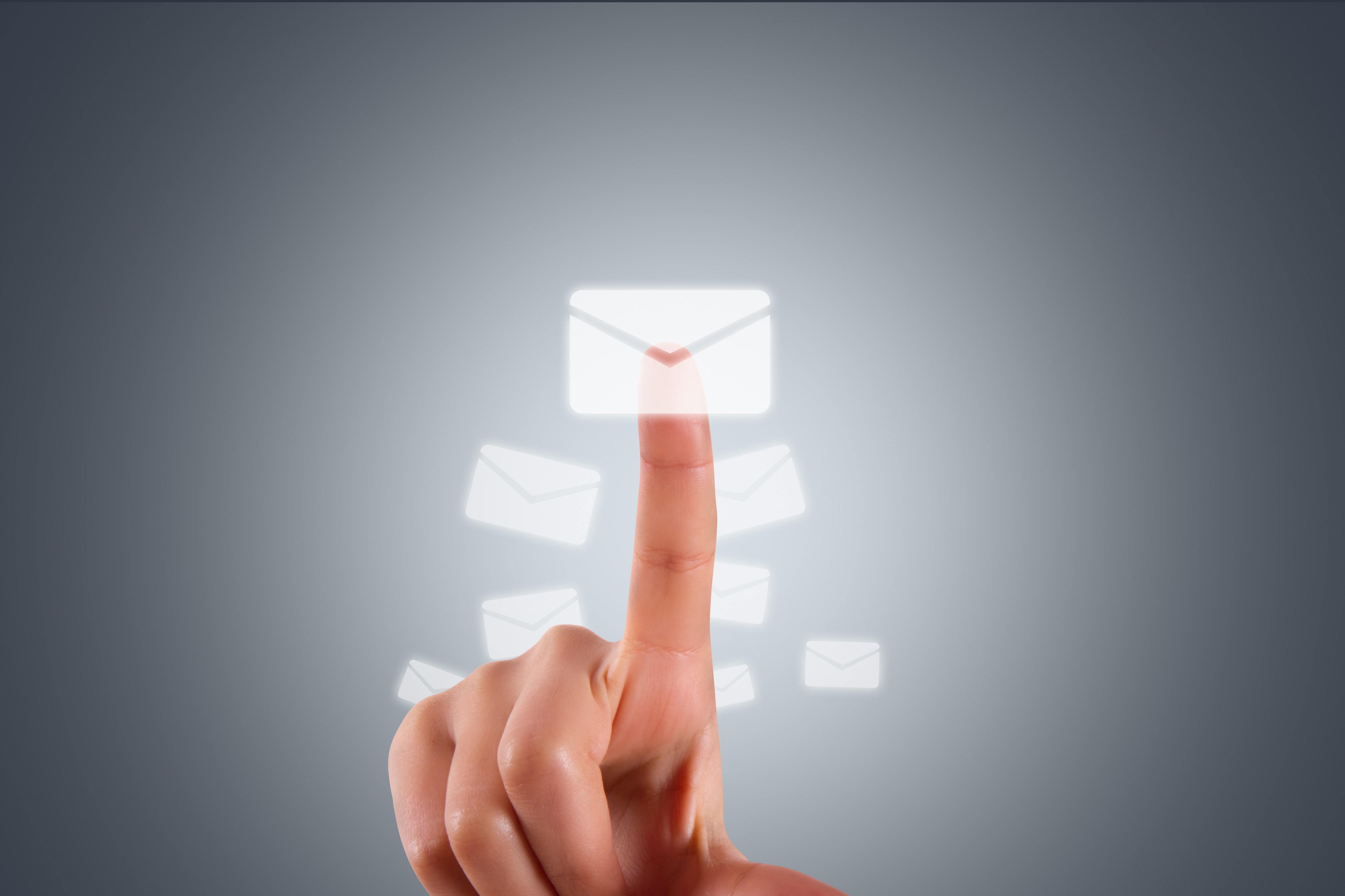 gray background with finger pressing a floating, glowing envelope icon